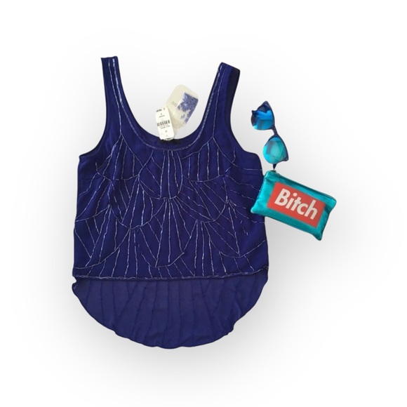 new LF Millau ❤︎ Delicate Beaded Chiffon Semi Sheer Tank Top ❤︎ Cobalt Blue ❤︎ S - Picture 14 of 16